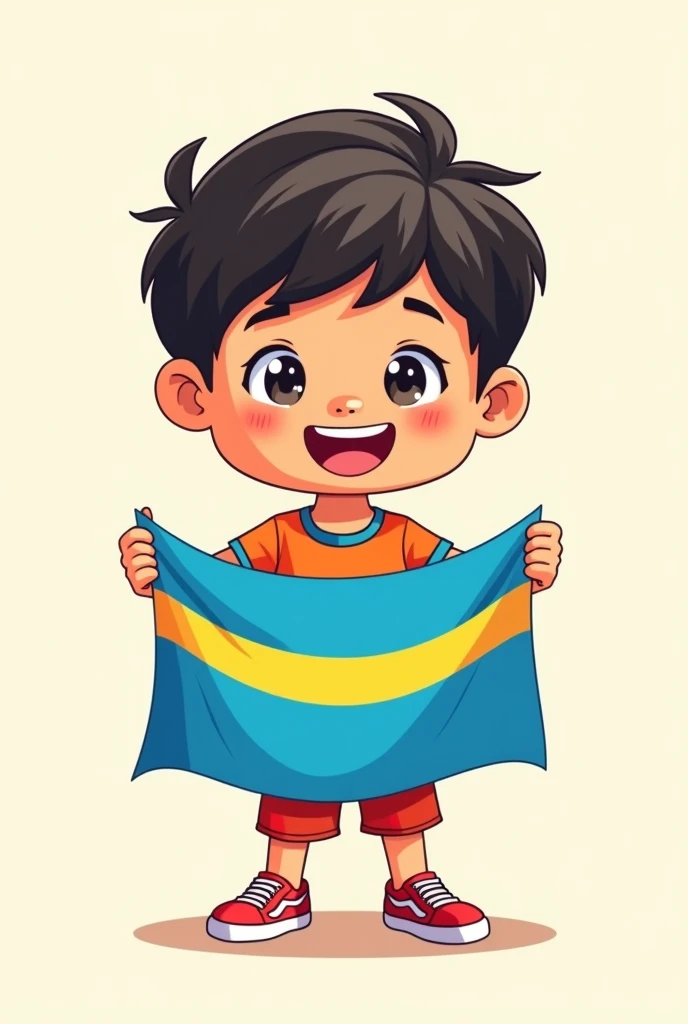 Create a cartoon of a boy with the flag of Palau the blue flag with a yellow circle
