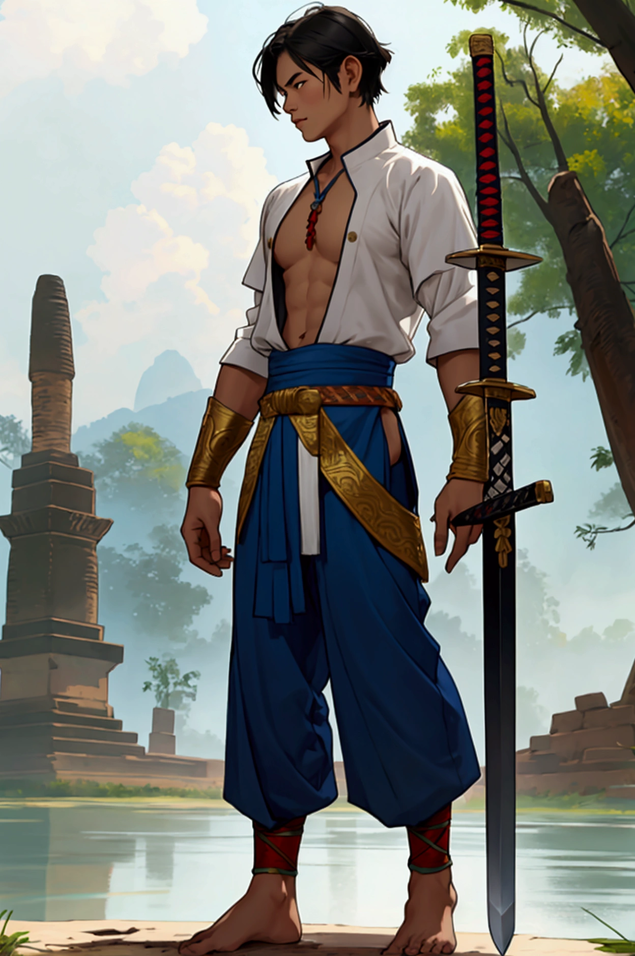 man,Short hair, no shirt,Blue chong kraben pants,No shoes while standing.Ancient Thai costume, holding a sword,Ayutthaya