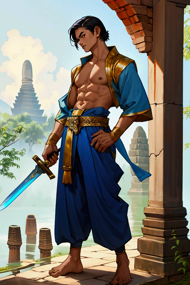 man,Short hair, no shirt,Blue chong kraben pants,No shoes while standing.Ancient Thai costume, holding a sword,Ayutthaya