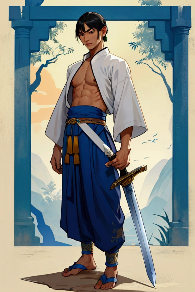 man,Short hair, no shirt,Blue chong kraben pants,No shoes while standing.Ancient Thai costume, holding a sword,Ayutthaya