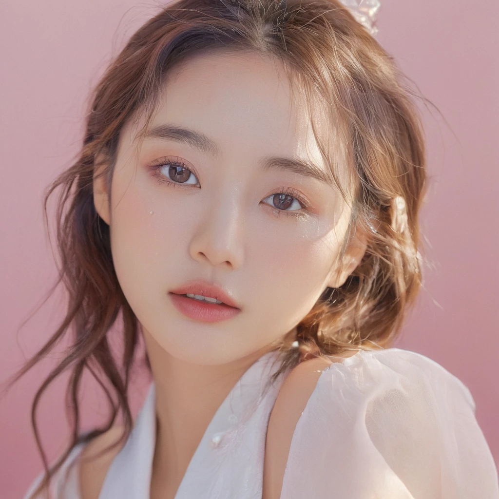 An extraordinarily detailed close-up portrait on the lerft edge of canvas image of korean girl k-pop idol, wide canvas image, Her face is adorned with detailed skin, natural make up realistic, while her long colorfull hair style., high contrast, upscale sharpness:1.4, soft pink background, unreal engine, The background features a soft contrasting with her, This captivating image was expertly captured with a Fujifilm XT-10 camera, delivering an ultra-high 8K resolution for breathtaking detail. The hyper-realistic photo exhibits the skill of award-winning photography. Natural soft make up, Wet and glossy make up realistic:1.4, Photorealsitic)、(intricate detailes:1.2)、(masterpiece、:1.3)、beauty face, (top-quality:1.4)、(超A high resolution:1.2)、超A high resolution、(A detailed eye), ((Realistic lighting、top-quality、8K、natural light, masterpiece:1.3))、bright photo, Clear focus:1.2、1girl in、flawless beauty:1.4、Superfine Face、big Narrow-eyed、double eyelid、photos realistic, looking viewer, front view, potrait, raw photo, simple soft pink background, (Highest quality:1.3), (sharp focus:1.5), (photorealistic:1.4), (detailed face), cinematic colorgrading film, dramatic scenes, photography, RAW, Masterpiece, ultra wide angle, Ultra Fine Photo, Best Quality, Ultra High Resolution, Photorealistic, volumetric light, Stunningly Beautiful, Delicate Face, Vibrant Eyes, RAW photo, natural make-up, photo position on the left edge, ultra soft detailed contrast