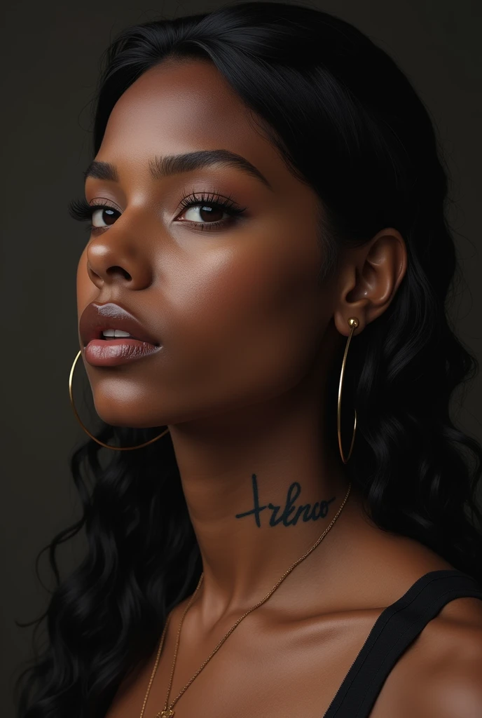 Put a tattoo that says thunder in Spanish on a black girl's windpipe, that only the trachea is visible