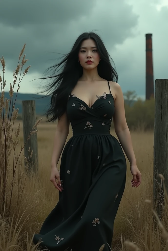 cinematic (photorealism:1.2), real pic 
real pic 34 year old curvy Asian woman with long black hair, wearing a black dress with floral motifs, black shoes, walking against the backdrop of the savanna, tall dry weeds, a stretched wooden fence, a rusty chimney, dark clouds