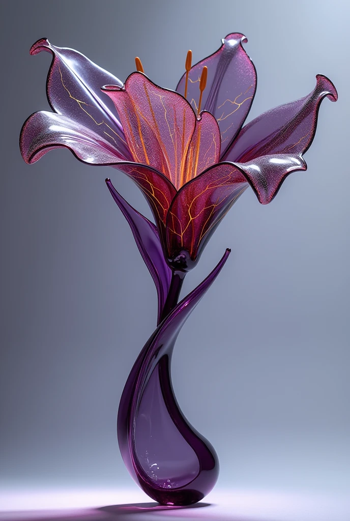 A flower made of glass, similar to lily, It is a dark purple shade, and has golden veins like the art of kintsugi.