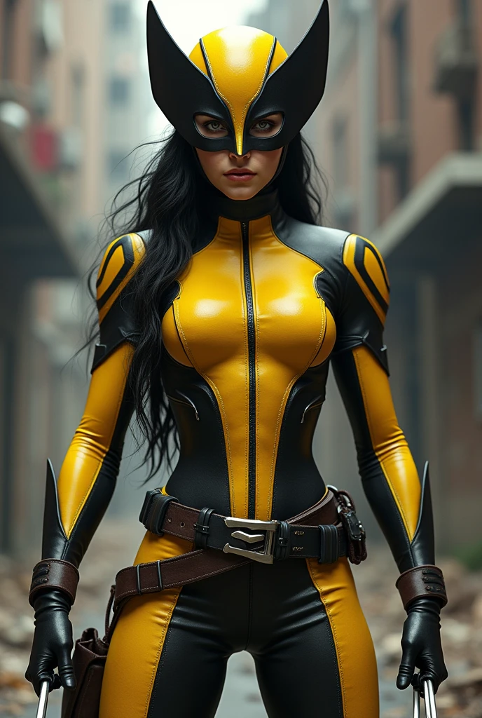 Superhero x23 in yellow and black suit, wolverine masl
