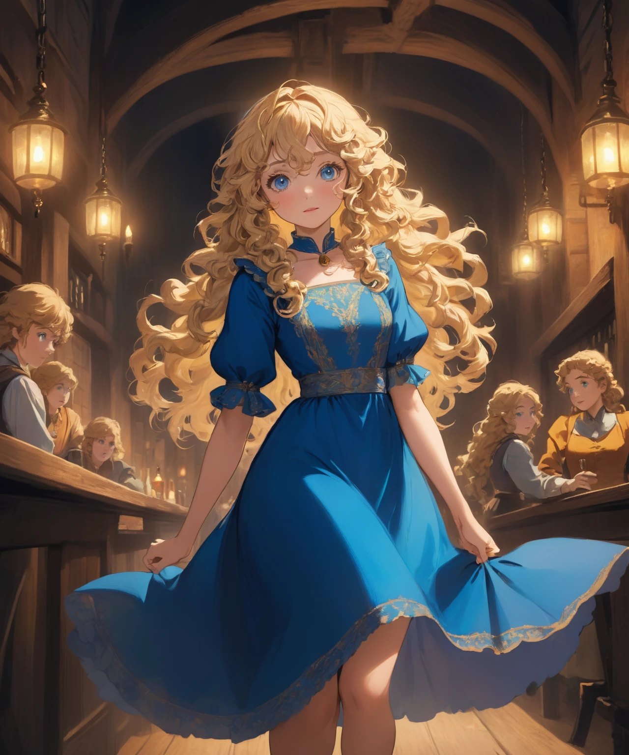 masterpiece, safe, best quality, expressive eyes, perfect face a young anime woman in renaissance, historical, fantasy wearing simple blue dress, long curly blonde hair down her waist no bangs saphire eyes. she is in a night time tavern, excited to enjoy