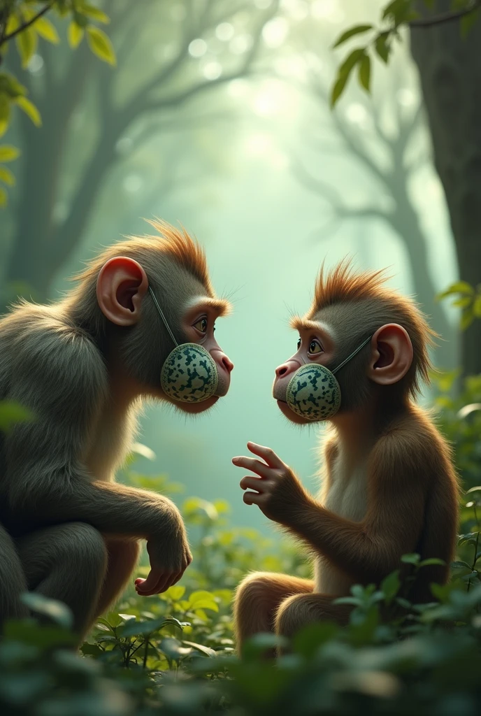 A person talking to a monkey with facemask