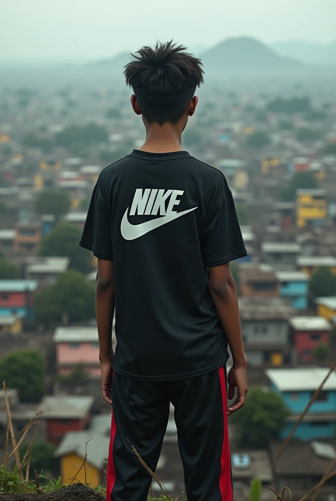 Teenager with his back turned looking at the favela with his hand making a three-finger sign wearing Nike clothes