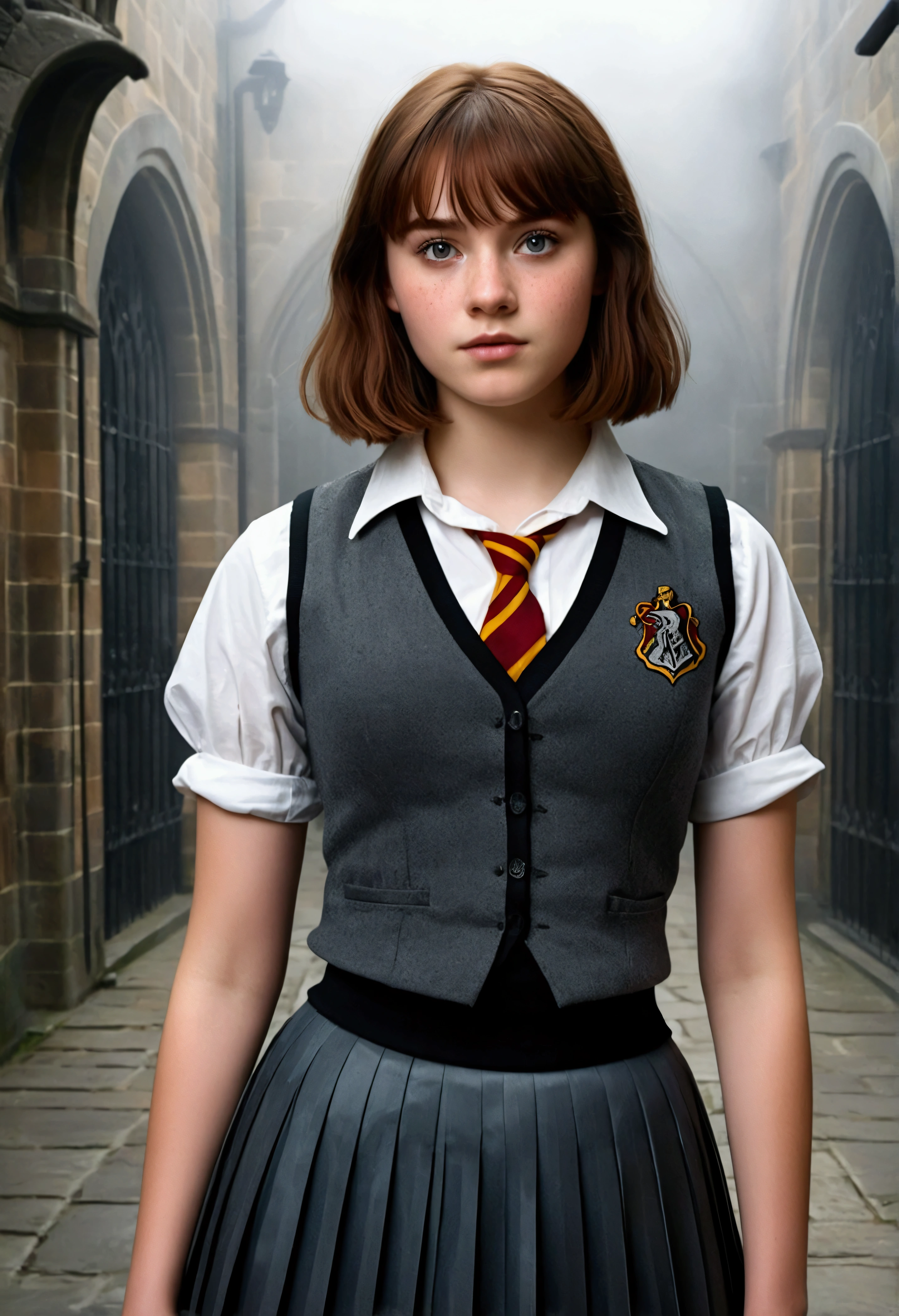 An illustrated movie poster, hand-drawn, full color, a age Hogwarts student, 18-years-old, female, wearing a charcoal vest and a pleated skirt, athletic hourglass figure, busty bosoms, full wide hips, massive round butt, long shapely legs, ridiculously thick powerful thighs, vibrant eyes, deep dark auburn hair, thick shaggy bangs, flushed sun-kissed complexion, freckles, attractive face, natural beauty, standing in a foggy Hogwarts courtyard, surrounded by mist, graphite shading, stencil marks, airbrushed acrylic paint, masterpiece, close-up shot, in the style of the Deathly Hallows