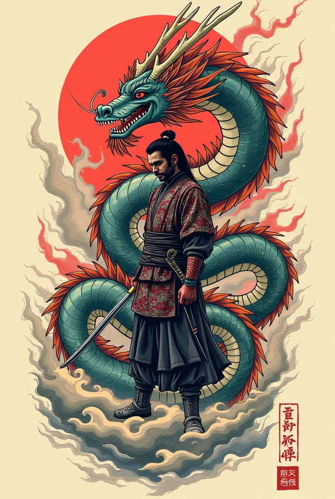 Tattoo of a dragon and a samurai 