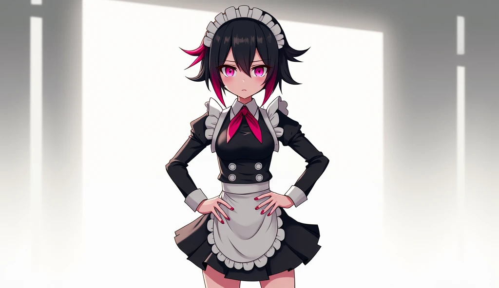 Anime Styling,Adult, Bblack hair,Red tips, Pink Eyes, Maid clothes, With a bored look on his face,Ellen De Zeneless Zone Zeroのスタイル, No accessories in the hair,Hands on your hips