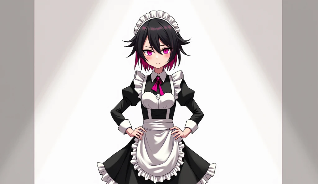 Anime Styling,Adult, Bblack hair,Red tips, Pink Eyes, Maid clothes, With a bored look on his face,Ellen De Zeneless Zone Zeroのスタイル, No accessories in the hair,Hands on your hips