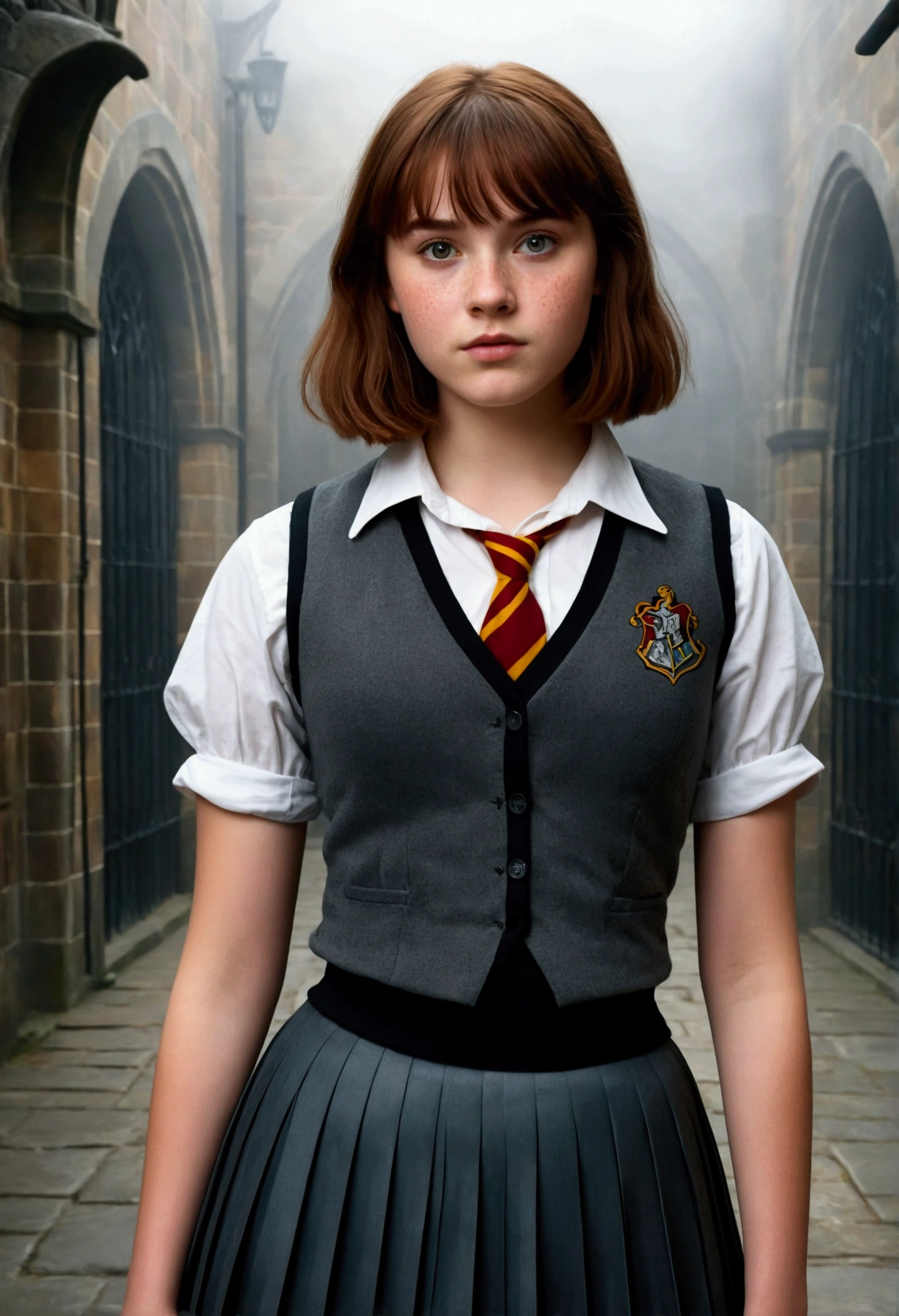 An illustrated movie poster, hand-drawn, full color, a teenage Hogwarts student, 18-years-old, female, wearing a charcoal vest and a pleated skirt, athletic hourglass figure, busty bosoms, full wide hips, massive round butt, long shapely legs, ridiculously thick powerful thighs, vibrant eyes, deep dark auburn hair, thick shaggy bangs, flushed sun-kissed complexion, freckles, attractive face, natural beauty, standing in a foggy Hogwarts courtyard, surrounded by mist, graphite shading, stencil marks, airbrushed acrylic paint, masterpiece, close-up shot, in the style of the Deathly Hallows