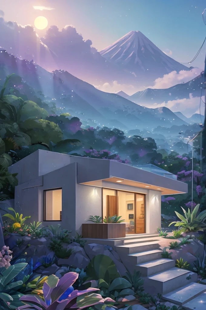 small and beautiful modern house in top of big boulders, terraces, pool, stairs, multiple cacti gardens, palms, trees, rocks, beautiful landscape design, mountains and volcano y background, amazing clouds, sun, moon, planets, milky way galaxy, concrete, wood, glass and steel materials, olive green, violet, orange and withe colors in facade
