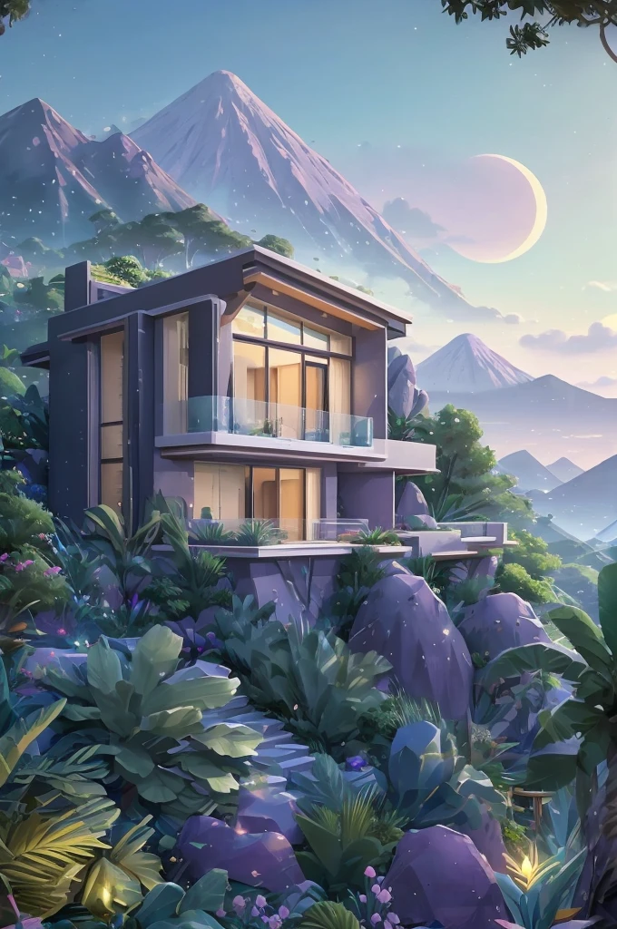 small and beautiful modern house in top of big boulders, terraces, pool, stairs, multiple cacti gardens, palms, trees, rocks, beautiful landscape design, mountains and volcano y background, amazing clouds, sun, moon, planets, milky way galaxy, concrete, wood, glass and steel materials, olive green, violet, orange and withe colors in facade