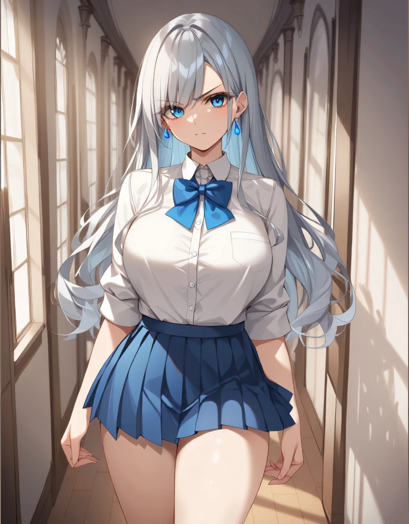 2 girls, busty, schoolyard, BREAK (masterpiece:1.2), best quality, high resolution, unity 8k wallpaper, (illustration:0.8), (beautiful detailed eyes:1.0), extremely detailed face, perfect lighting, extremely detailed CG, (perfect hands, perfect anatomy), (1 girl, busty, with short red hair and yellow streaks, yellow eyes, black leather jacket, white t-shirt, torn jeans, mischievous smile), (1 girl, busty, with long straight white hair with blue streaks, light blue eyes, white blouse, black pleated skirt, cold face), sharp and sexy anime style