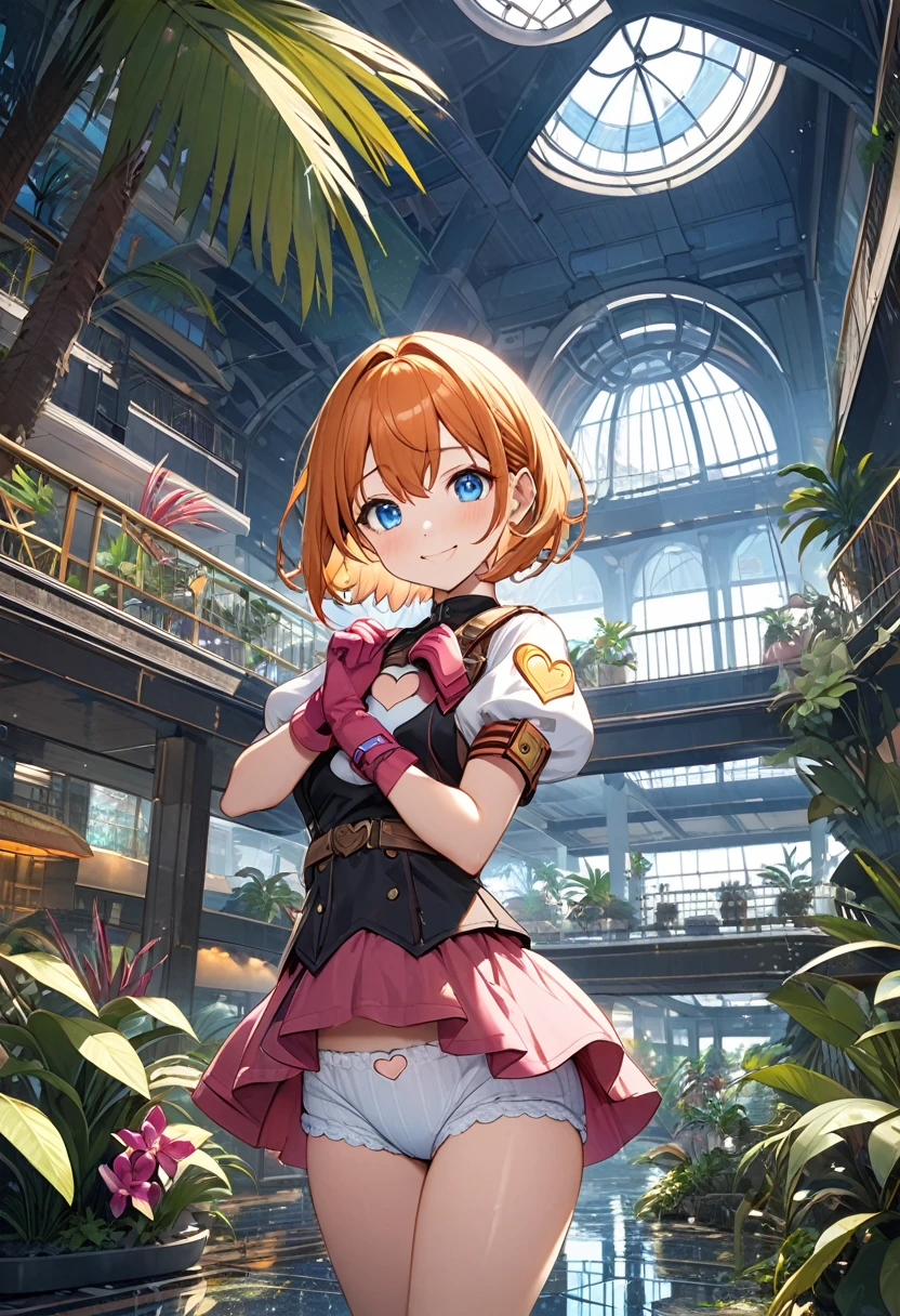 1,Cowboy Shot, beautifulノラ_Valkyrie, Looking at the Viewer, A shy smile, Short Hair, Blue eyes,Heart Cutout, gloves, 激しくPampers,Diapers, Pampers, Short sleeves, Puffy sleeves, Single Armband, fingerless gloves, Orange Hair, pink gloves, Dynamic Pose, Night Time, Outdoors,Huge fantasy abandoned mall, Flooded floors, Glass ceiling, Upper floor observation deck with balustrade, wood, ブドウのwood, orchid, Bromeliad, palm wood, Decorations, Golden, Many plants, Tropical plants, Marble wall, Dynamic Light, 8k, masterpiece, Super detailed, beautiful.