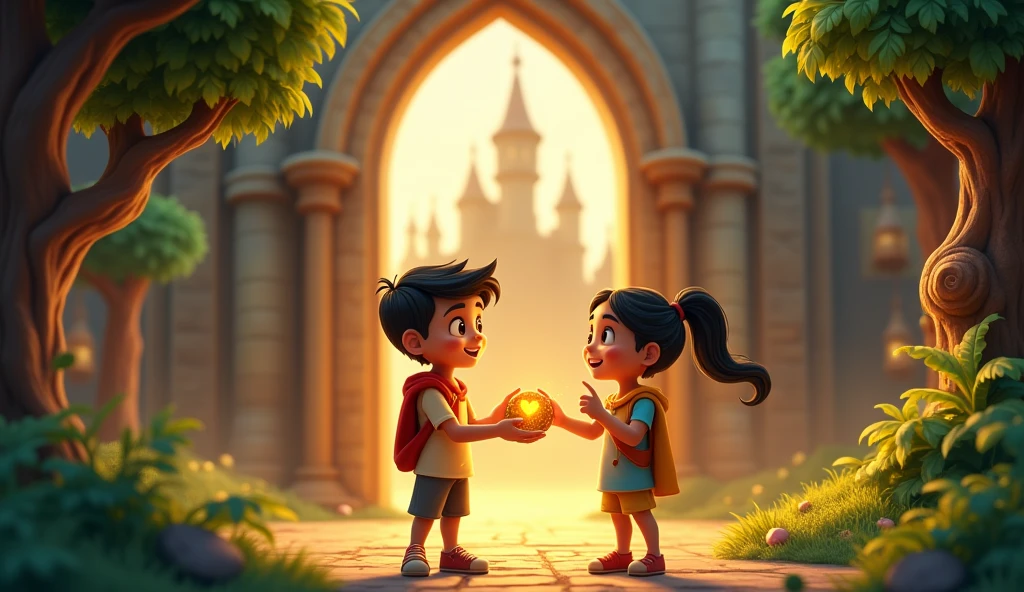 Aryan and Sia
standing together, looking excited and curious. Aryan is holding the glowing stone with the mysterious inscription, while Sia is pointing towards the castle in the background.
Back ground A majestic old castle with a large wooden door slightly ajar, surrounded by lush greenery and an ancient tree with a glimmering stone at its base.
Include subtle hints of friendship, like a glowing heart or intertwined hands, to represent their bond.
Color Palette:** Use warm, inviting colors like golds and greens to create a sense of adventure and wonder
Add the title "खोया खजाना " at the top in bold, Hindi font, with a tagline below: "सच्ची दोस्ती ही खजाने की कुंजी है।" Look like a cartoon animation write the title name in hindi also tagline 3d