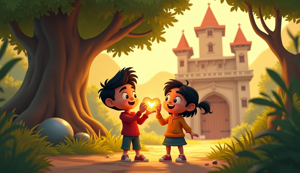 Aryan and Sia
standing together, looking excited and curious. Aryan is holding the glowing stone with the mysterious inscription, while Sia is pointing towards the castle in the background.
Back ground A majestic old castle with a large wooden door slightly ajar, surrounded by lush greenery and an ancient tree with a glimmering stone at its base.
Include subtle hints of friendship, like a glowing heart or intertwined hands, to represent their bond.
Color Palette:** Use warm, inviting colors like golds and greens to create a sense of adventure and wonder
Add the title "खोया खजाना " at the top in bold, Hindi font, with a tagline below: "सच्ची दोस्ती ही खजाने की कुंजी है।" Look like a cartoon animation write the title name in hindi  also tagline 3d 