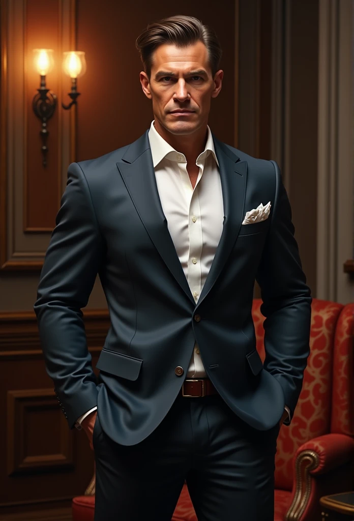Create a stunning AI artwork that captures the essence of a confident and charismatic multimillionaire dressed in an impeccably tailored suit, set against a backdrop that reflects opulence and success. Infuse the artwork with a sense of power, elegance, and sophistication, using your creative AI techniques to bring this vision to life. airbnb host