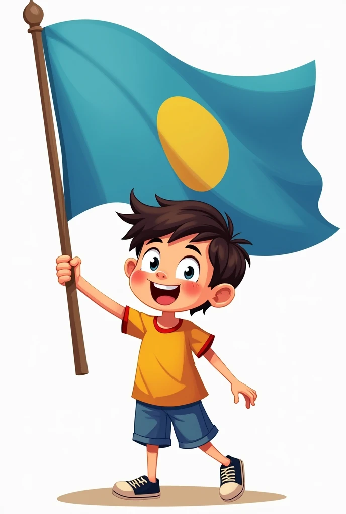 Create a cartoon of a boy with the flag of Palau the blue flag with a yellow circle With a yellow circle in the middle of the flag 
