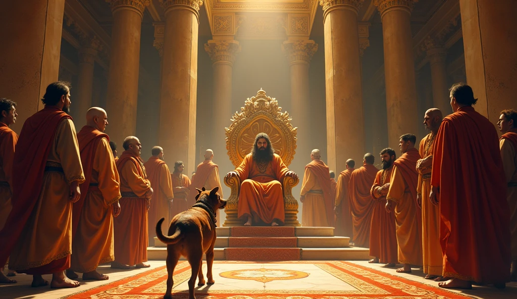 "A humble dog enters the large royal court of Ayodhya. The court is filled with ministers and citizens, but all eyes turn towards the dog as it walks towards the throne. Lord Ram sits at the center, looking kindly at the dog with a concerned expression. The dog's posture shows that it has come to seek justice. The background has grand pillars and royal decorations, enhancing the dignity of the court."