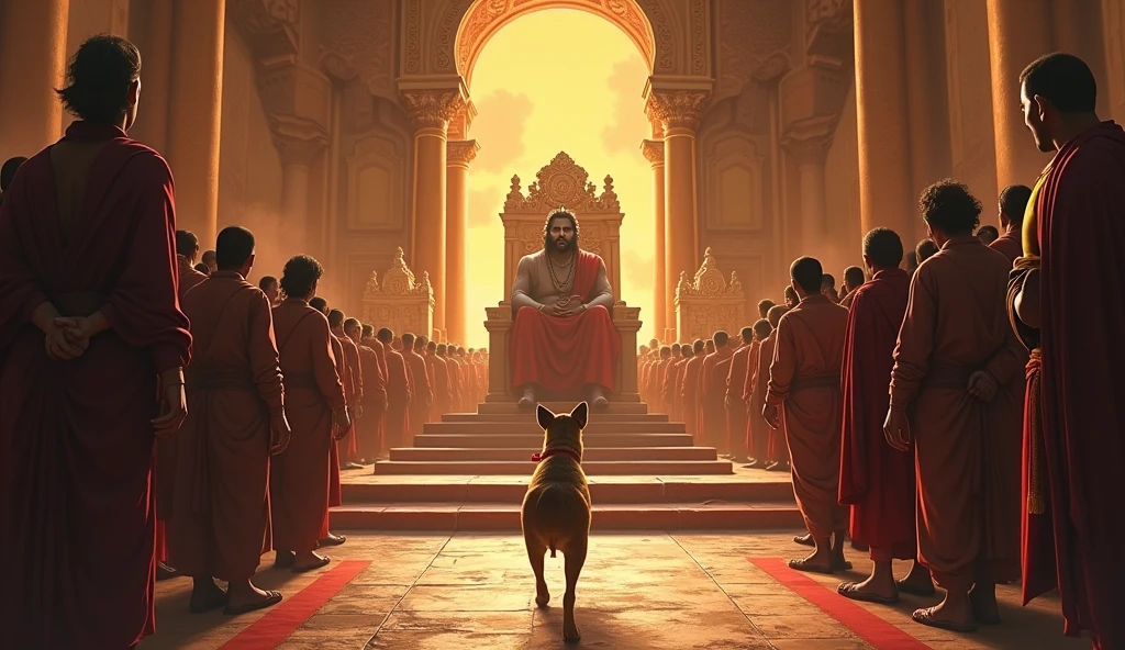 "A humble dog enters the large royal court of Ayodhya. The court is filled with ministers and citizens, but all eyes turn towards the dog as it walks towards the throne. Lord Ram sits at the center, looking kindly at the dog with a concerned expression. The dog's posture shows that it has come to seek justice. The background has grand pillars and royal decorations, enhancing the dignity of the court."