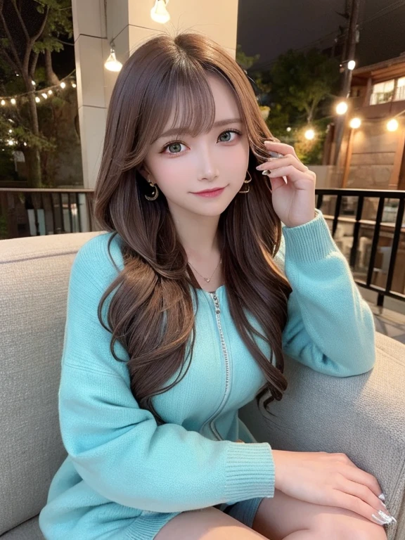 masterpiece, Highest quality, High resolution,alone,Brown Hair, Small earrings,Long Hair, outside,artistic,Aqua Eye,Best lighting,casual,Large Breasts,watercolor,Beautiful Face,expensive,sexy,Woman wearing a jacket,いたずらなsmile,smile,light makeup,nature,Sitting cross-legged on sofa