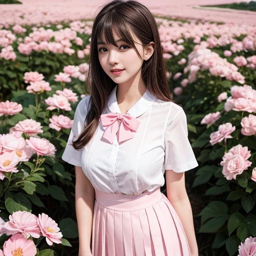 Pink short pleated skirt, in the flower field,Wearing a white sailor suit,white shirt,pink bow tie,Pink navy collar,1 female, On the face, laughing out loud, light brown hair, blunt bangs, hair behind ears, Shoulder-length hair, long hair, Slender body type, 超face slimming型, face slimming, delicate lips, beautiful eyes, Thin blush, Eyes are light brown,View here, (actual:1.3), One person's perspective, 8k, Super detailed, high quality, best quality, High resolution, ,Large Breasts,wear a H cup, 2