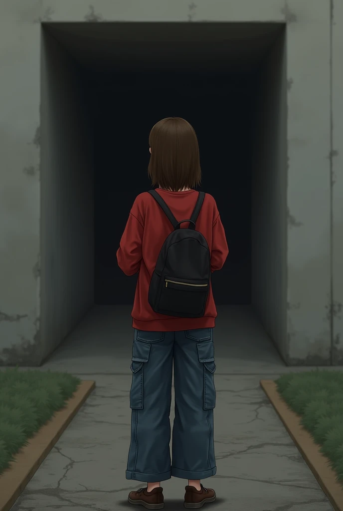 Girl with her back turned and shoulder-length brown straight hair,wide cargo jeans and a red baggy sweatshirt,with a basic black backpack ,and in the background a dark square