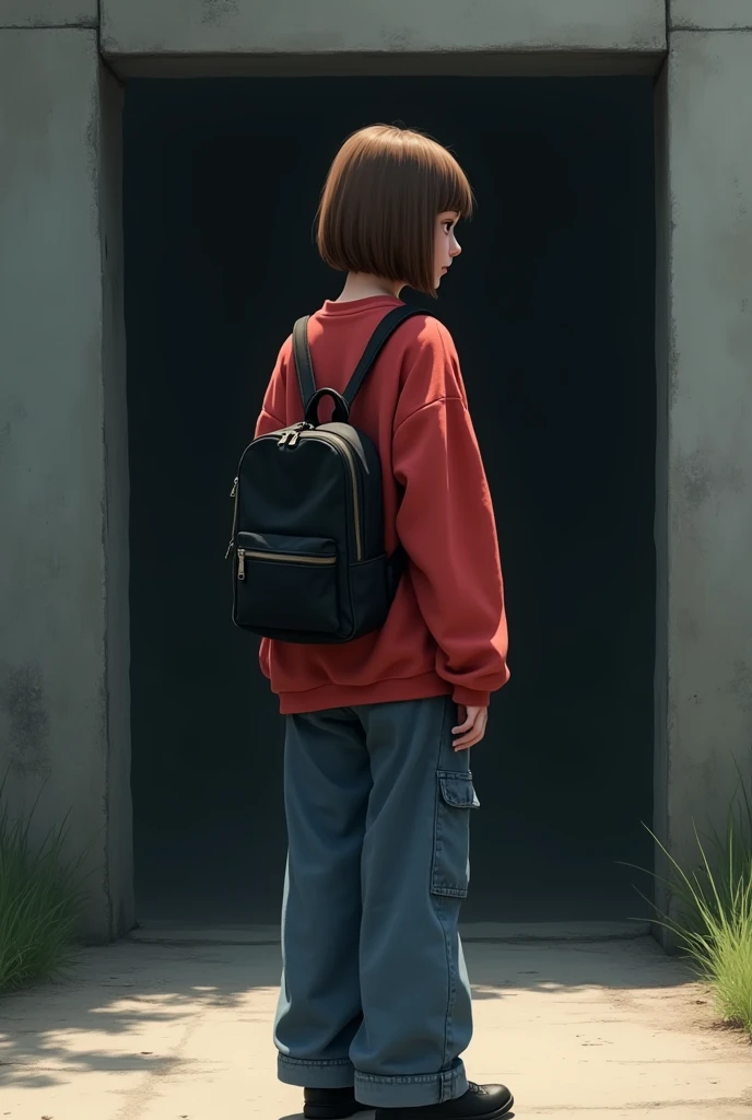Girl with her back turned and shoulder-length brown straight hair,wide cargo jeans and a red baggy sweatshirt,with a basic black backpack ,and in the background a dark square