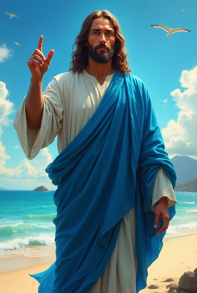 Wonderful Jesus Christ with a serious look and blue clothes pointing his finger forward, with a wonderful beach