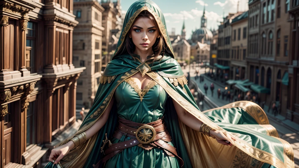 A full-body shot of Princess Zelda, brown hair, blue eyes, dressed as an Assassin from Assassins Creed, in white+gold witha white mask and hood with gold details, XL bust, using a wrist blade. Background: A city during the renaissance period. Unreal Engine 5, Anime, Anime style, Masterpiece, Well drawn eyes, well drawn face, well detailed eyes, well detailed face, 8k, light and shadow effect.