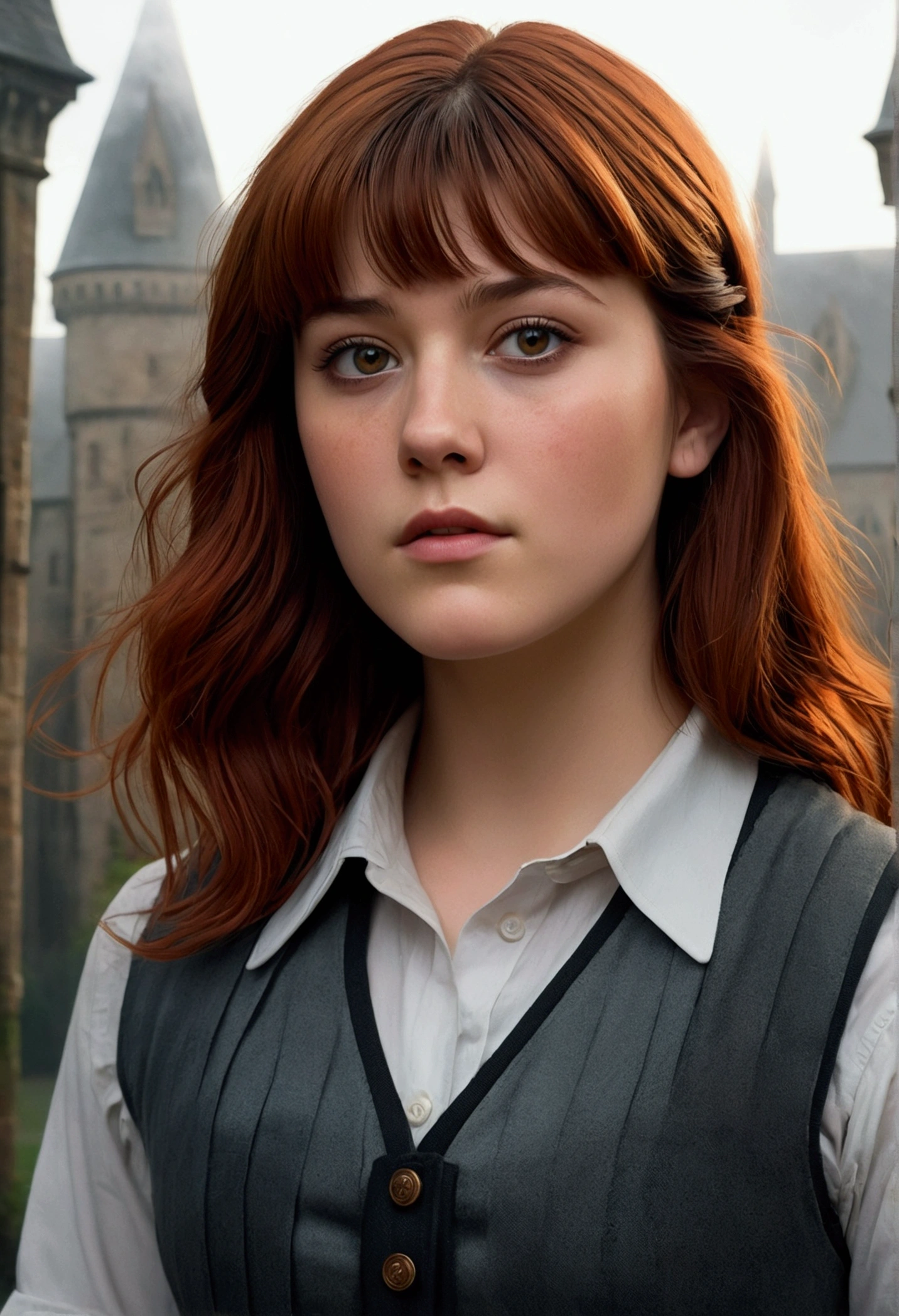 An illustrated movie poster, hand-drawn, full color, a teenage Hogwarts student, 18-years-old, female, wearing a charcoal vest and a pleated skirt, athletic hourglass figure, busty bosoms, full wide hips, massive round butt, long shapely legs, ridiculously thick powerful thighs, vibrant eyes, red auburn hair, thick shaggy bangs, flushed sun-kissed complexion, freckles, resembles Mary Elizabeth Winstead, standing in a foggy Hogwarts courtyard, surrounded by mist, graphite shading, stencil marks, airbrushed acrylic paint, masterpiece, close-up shot, in the style of the Deathly Hallows