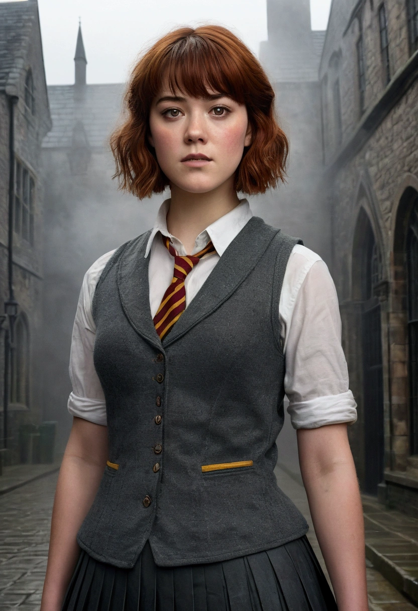 An illustrated movie poster, hand-drawn, full color, a teenage Hogwarts student, 18-years-old, female, wearing a charcoal vest and a pleated skirt, athletic hourglass figure, busty bosoms, full wide hips, massive round butt, long shapely legs, ridiculously thick powerful thighs, vibrant eyes, red auburn hair, thick shaggy bangs, flushed sun-kissed complexion, freckles, resembles Mary Elizabeth Winstead, standing in a foggy Hogwarts courtyard, surrounded by mist, graphite shading, stencil marks, airbrushed acrylic paint, masterpiece, close-up shot, in the style of the Deathly Hallows