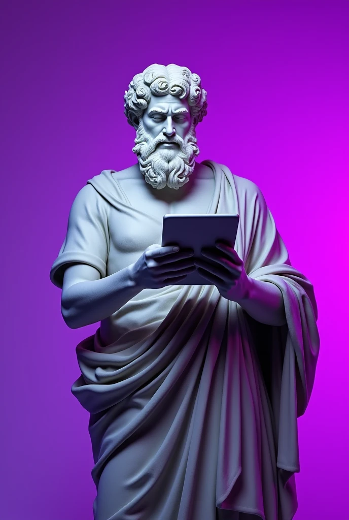 STATUE OF ARISTOTLE THE INTELLIGENT PHILOSOPHER HOLDING A COMPUTER WITH PURPLE DETAILS IN THE BACKGROUND