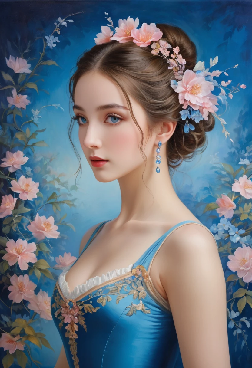 (high resolution,masterpiece:1.2),(Practical:1.37)"(best quality, high resolution, Extremely detailed, Practical),Beautiful portrait of a 19th century French ballerina, (She is of French and Japanese descent., She is a beautiful woman with deep blue eyes and a high nose:1.1), Exquisite ballet costumes, Detailed facial features, Slender and graceful neck, Flowing hair, Elegant posture, Soft and delicate lighting, Oil painting medium, Vibrant colors, Subtle background with floral pattern", Dreamy atmosphere, Surrealism,Mysterious atmosphere