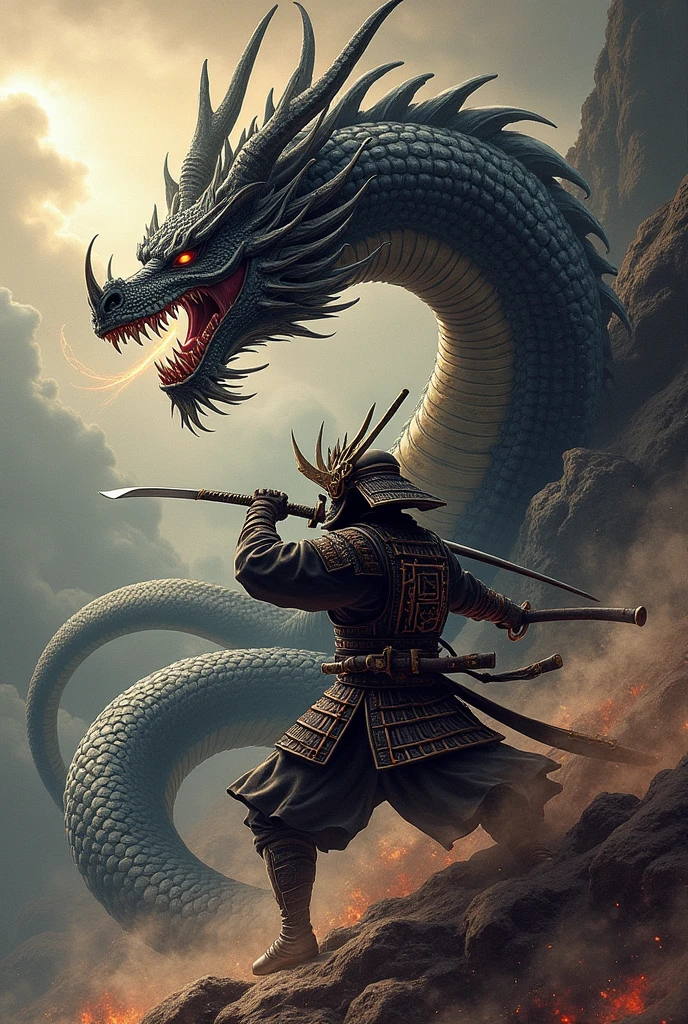 Tattoo of a sinister dragon and a samurai