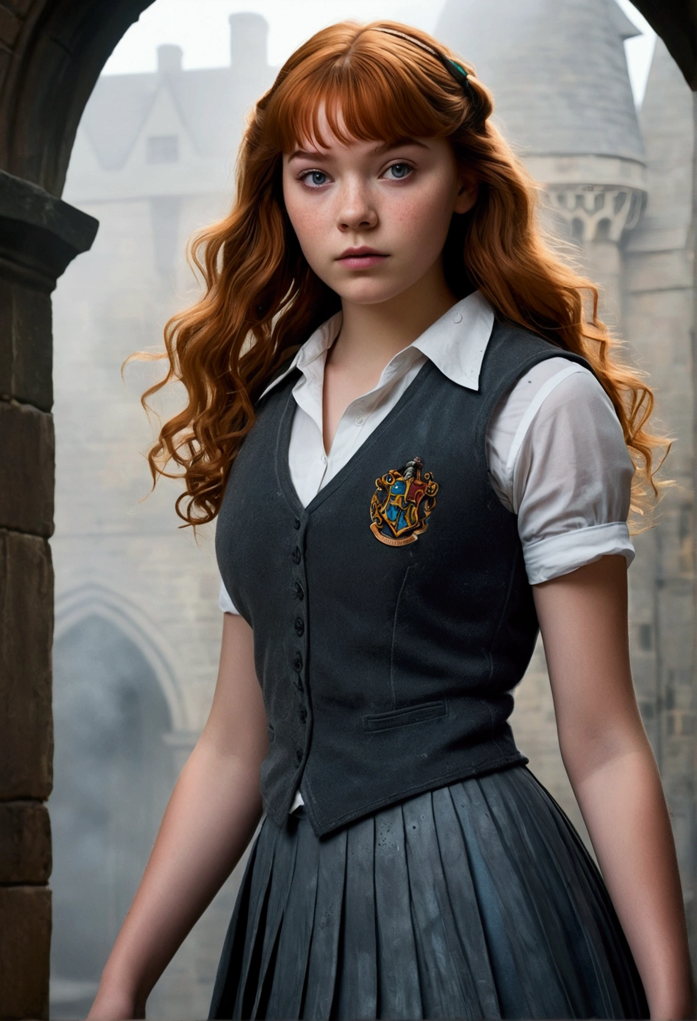 An illustrated movie poster, hand-drawn, full color, a age Hogwarts student, 18-years-old, female, wearing a charcoal vest and a pleated skirt, athletic hourglass figure, busty bosoms, full wide hips, massive round butt, long shapely legs, ridiculously thick powerful thighs, vibrant eyes, red auburn hair, thick shaggy bangs, flushed sun-kissed complexion, freckles, resembles Margaery Tyrell, standing in a foggy Hogwarts courtyard, surrounded by mist, graphite shading, stencil marks, airbrushed acrylic paint, masterpiece, close-up shot, in the style of the Deathly Hallows