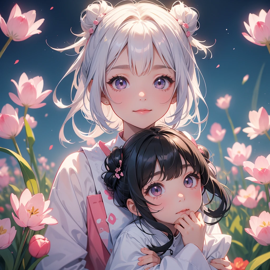 A chibi child girl had a small face and Wearing white little Taoist priest's outfit. A pair of big round eyes shone with curiosity about him. This child was so cute! ,her hair is black with two buns on her hair.small chibi, chibi baby, smiling,The little chibi baby looked up with his chest raised, and his face was old and proud.
Standing in the middle of pink tulip field