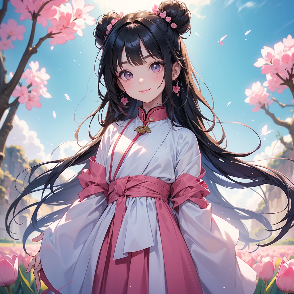 A chibi child girl had a small face and Wearing white little Taoist priest's outfit. A pair of big round eyes shone with curiosity about him. This child was so cute! ,her hair is black with two buns on her hair.small chibi, chibi baby, smiling,The little chibi baby looked up with his chest raised, and his face was old and proud.

Standing in the middle of pink tulip field
