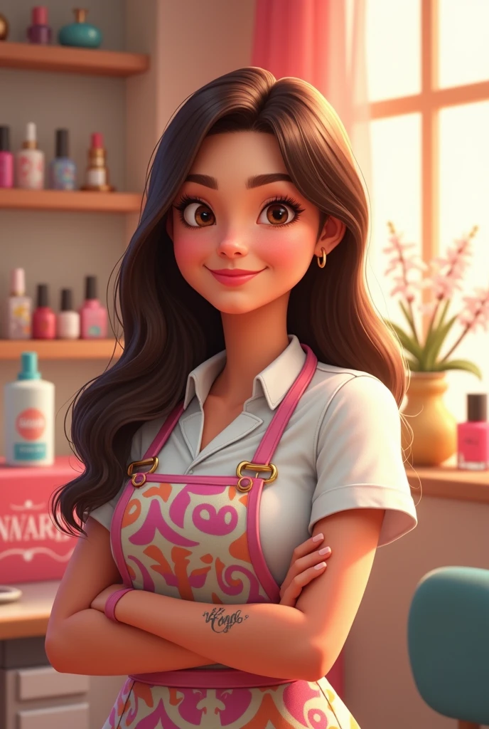 Brisa Manicurist pixar, with apron long straight brown hair brown eyes, small eye, brunette tattoo on forearm chubby