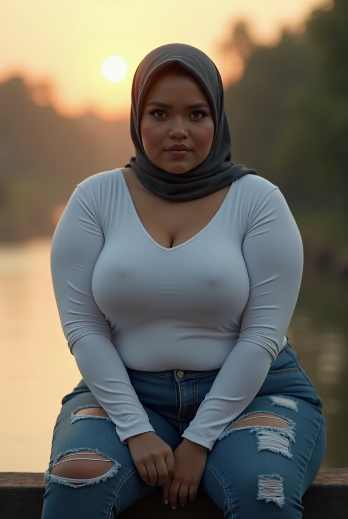 (photo realistic:1.4), (hyper realistic:1.4), (realistic:1.3), (smoother lighting:1.05), (increase cinematic lighting quality:0.9), 32K, 1girl, 30yearsold plump indonesian woman, huge breasted, wear simple hijab, tight white longsleeve t-shirt, torn jeans, sitting on the riverside fence, realistic lighting, backlighting, light on face, ray trace, (brightening light:1.2), (Increase quality:1.4), (best quality real texture skin:1.4), finely detailed eyes, finely detailed face, finely quality eyes, (sensual and seductive expression:0.0).