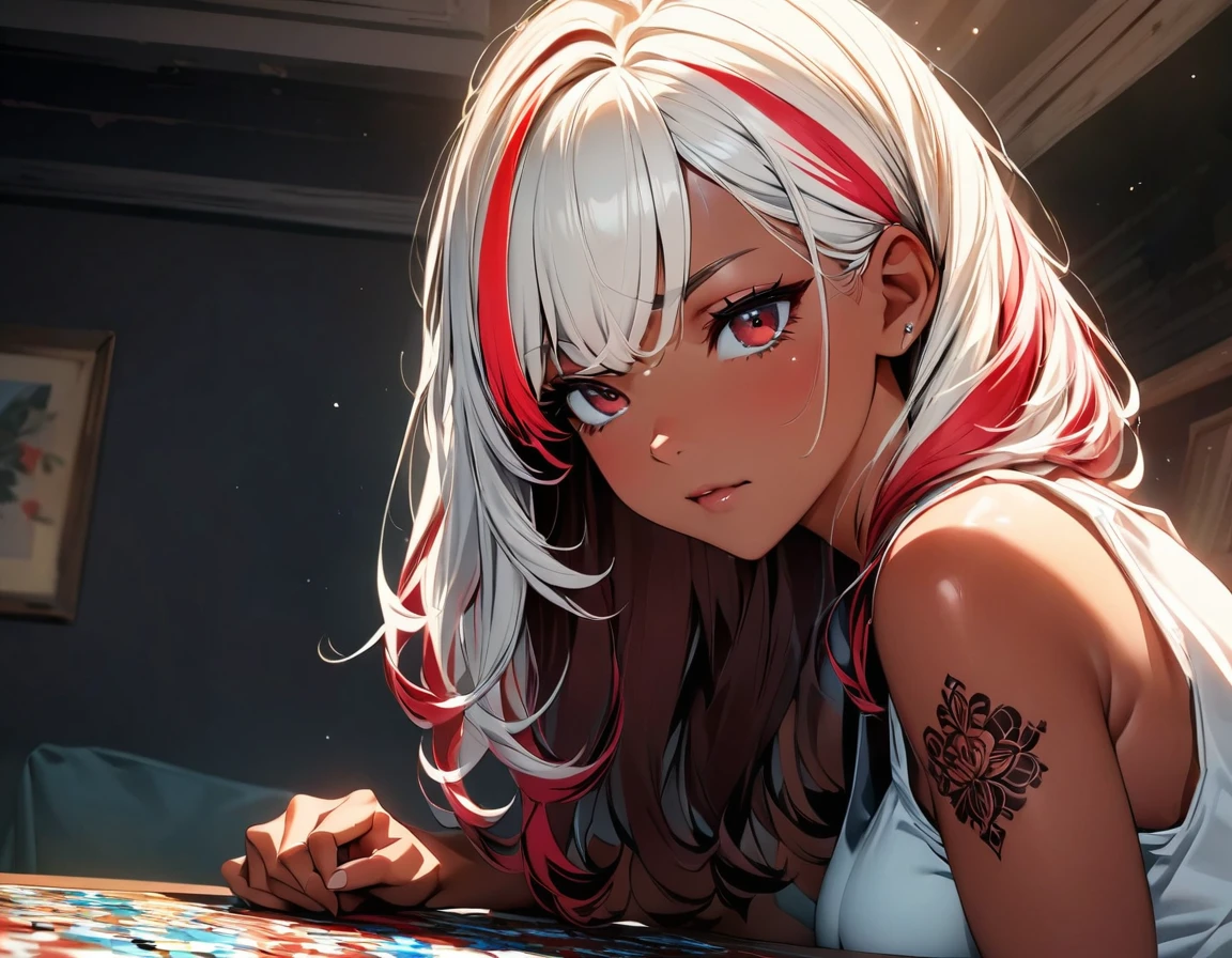 (highest quality:1.2, Very detailed, up to date, Vibrant, Ultra-high resolution, High Contrast, masterpiece:1.2, highest quality, Best aesthetics), Portraiture、girl、singer, solo, ((25-years-old:1)), Bright colors, Beautiful fine details、Beautiful lip detail、medium wave hair、red and white ((streaked hair:1.6)), highlights hair: 1.5, red eyes, slim body, medium breast, (tan skin:1.1), (Floral Fineline tattoo design on left arm:1), tank top, jeans, playing puzzle, sitting at the table, Serious, in her room, upper body
