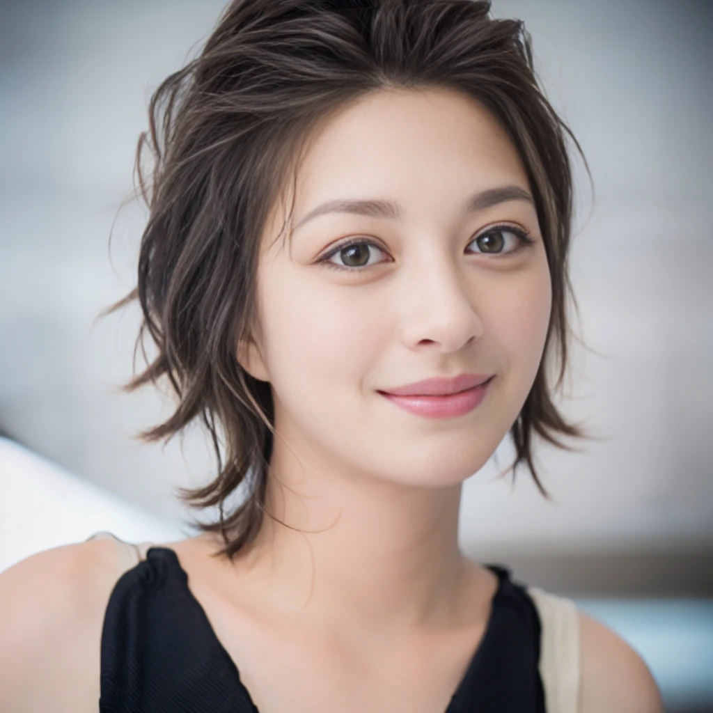 a Close-up portrait of gorgeous smiling cute Japanese woman in a glamorous blue dress outfit, delicate facial features, porcelain-skinned, ponytail, a fusion of young Marion Cotillard's striking eyes and young Anne Hathaway's introspective gaze, long and slender cute face, curved eyebrows, droopy hooded eyes, low nasal bridge, wavy nose, smiling, thin lips, short pixie cut hair, silhouette, bokeh, lobby bar lounge background,