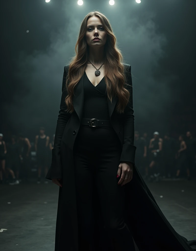 RAW Photo of Sports Evil Queen of Darkness, pale skin, long light brown hair, A Slavic woman sings on stage, ominous vibe, black mist, Long hair, Elegant Sophisticated Fashion Pose, dressed in stylish modern black clothes, Nikon D850, 4 Kodak Portra 400 ,camera f1.6 lens ,hyper realistic ,lifelike texture , Cinestill 800