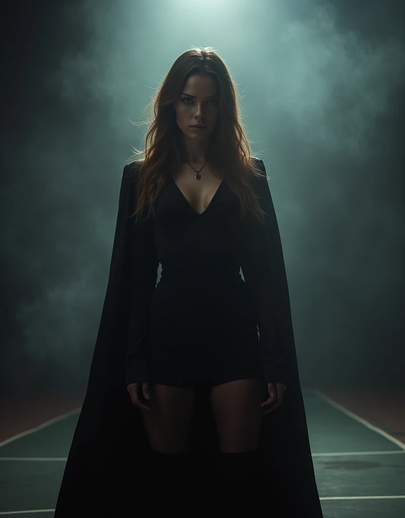 RAW Photo of Sports Evil Queen of Darkness, pale skin, long light brown hair, A Slavic woman sings on stage, ominous vibe, black mist, Long hair, Elegant Sophisticated Fashion Pose, dressed in stylish modern black clothes, Nikon D850, 4 Kodak Portra 400 ,camera f1.6 lens ,hyper realistic ,lifelike texture , Cinestill 800