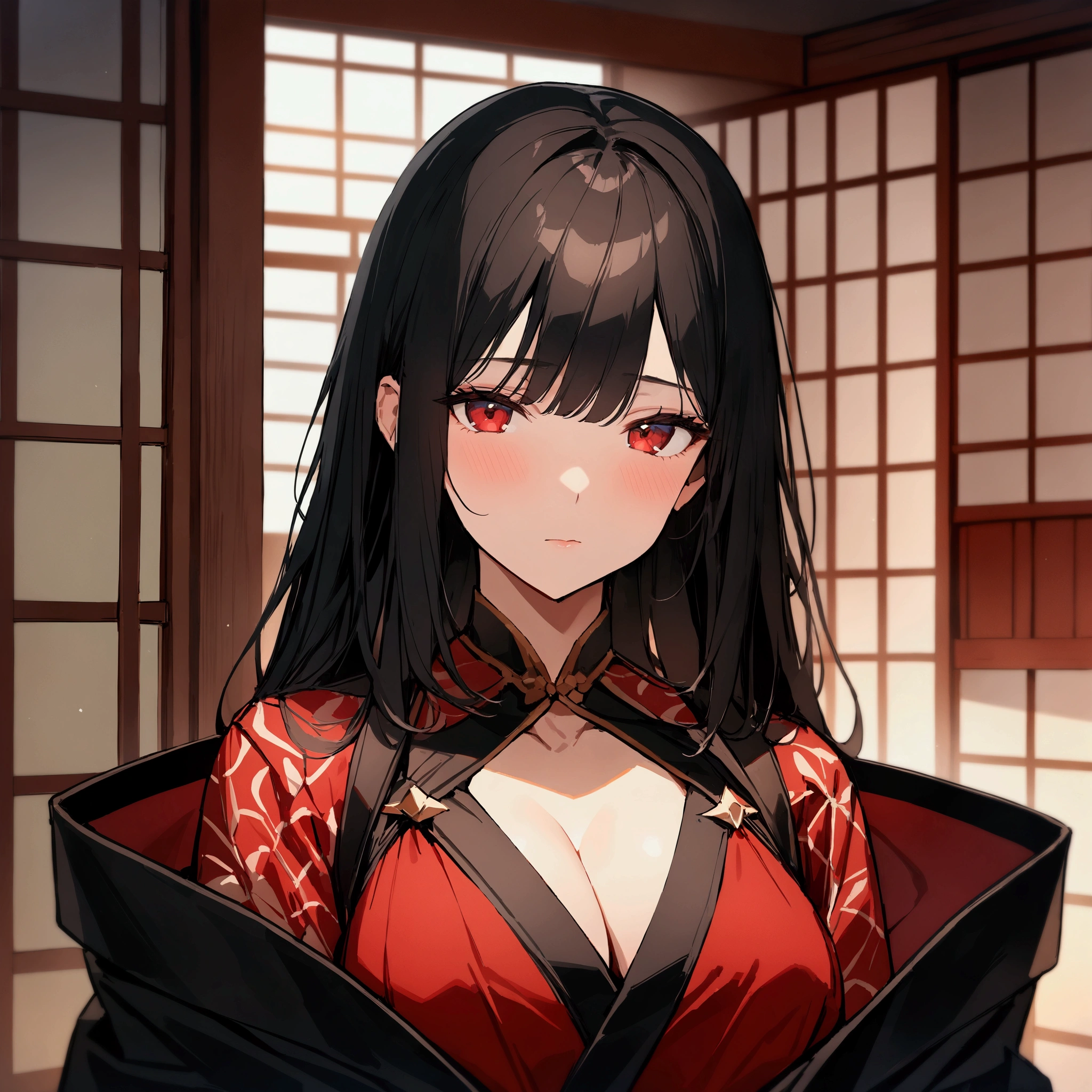 (female): solo, (perfect face), (detailed outfit), (30 years old), plain expression, black hair, straight hair, red eyes, large_chest_circumference, (face close up), red yukata under black coat, indoor, japanese house , (masterpiece), (best quality), (sharp focus), (depth of field), (high res)