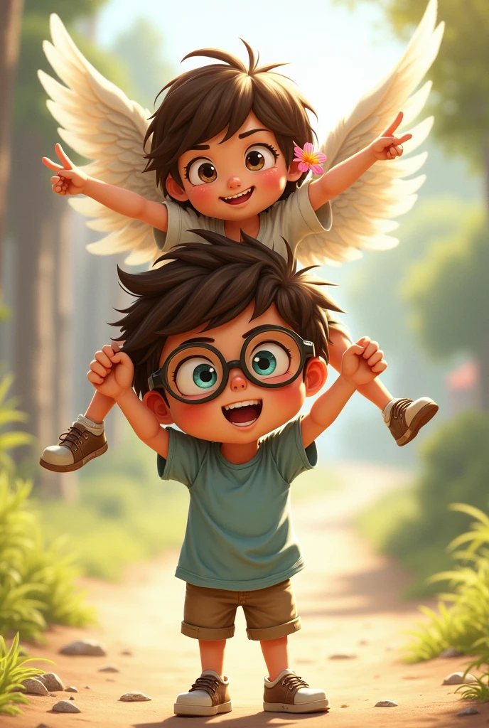 Description: Ángel finally catches up to Cielo and lifts her into the air. Cielo crosses her arms, pretending to be displeased, while Ángel laughs, holding her effortlessly.

Ángel: A 9-year-old boy with brown, slightly wavy, and messy hair. He wears glasses that frame his bright blue eyes. He is dressed in casual clothes with scratches and bruises on his arms and legs, showing his adventurous nature.
Cielo: A 4-year-old girl with short brown hair that reaches just above her ears. She has a small pink flower in her hair. She wears a blue dress with tiny white floral