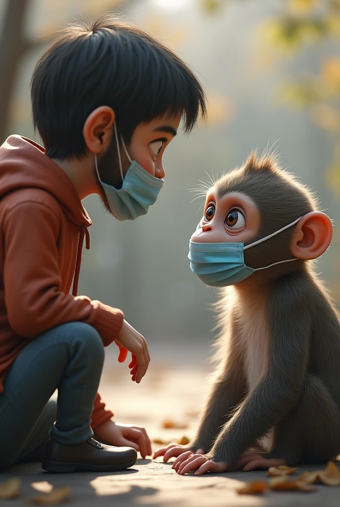 1 person talking to a monkey with facemask